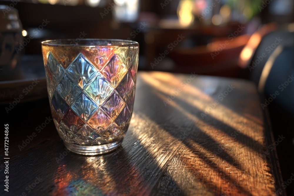 Poster unique glass reflecting colors with sunlight streaming through in a cozy cafe setting