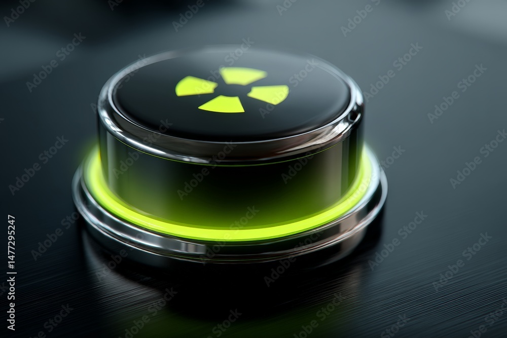 Aufkleber Futuristic control button with glowing design in a modern tech environment at dusk
