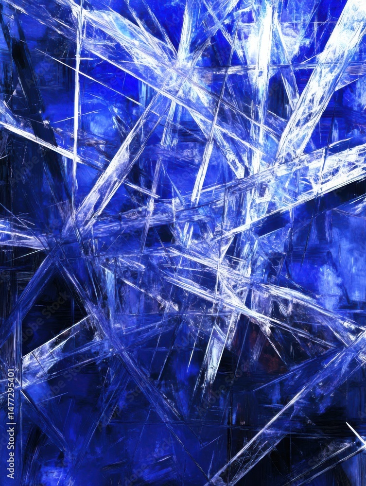 Poster abstract blue and white fractal painting style with geometric lines and sharp edges creating a moder