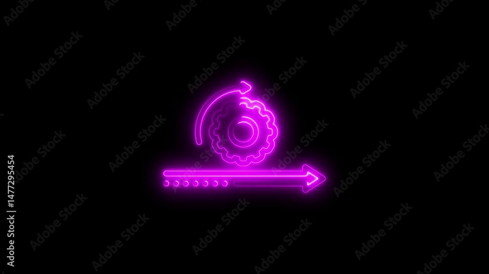 Poster animated neon gear icon with arrow and arrowhead depicting progress and efficiency