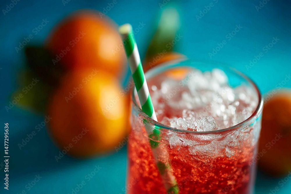 Poster refreshing red drink with ice and striped straw alongside fresh oranges on a blue background