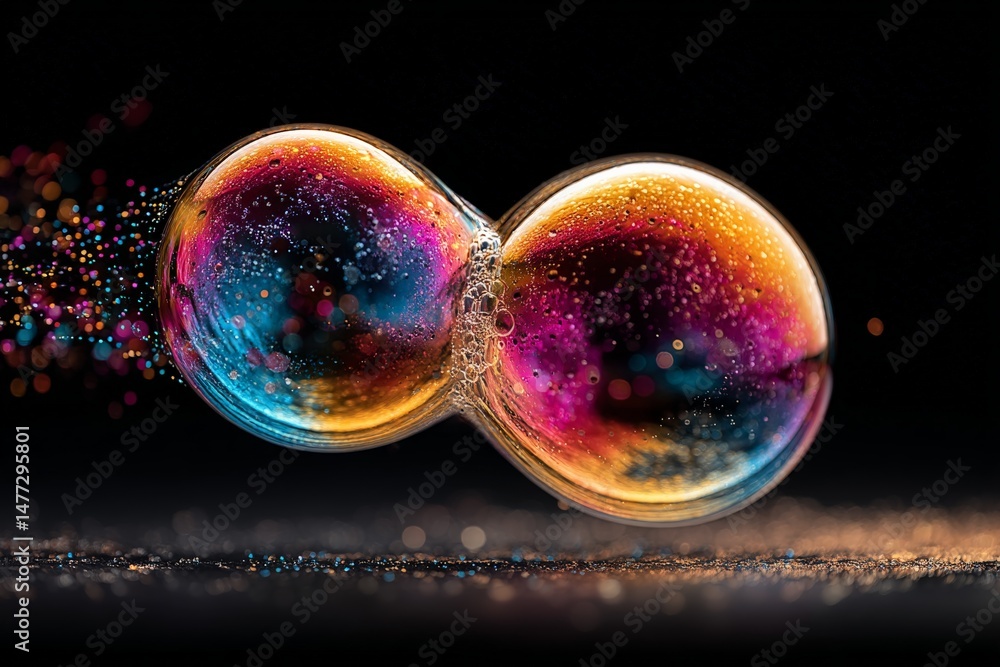 Fototapete Bubbles merging in high detail with colorful reflections and sparkling light effects during a close-up capture
