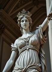 Detailed White Goddess Statue Crowned With An Ornate Dress Against Soft Building Backdrop