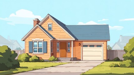 A charming, single-story house with a light orange wood exterior, blue roof, and attached garage sits on a well-maintained lawn.  The house features a small porch and neatly trimmed bushes