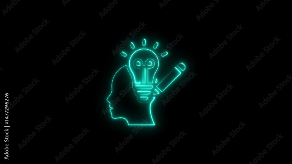 Poster Glowing neon lightbulb in brain with pencil symbolizing idea creation