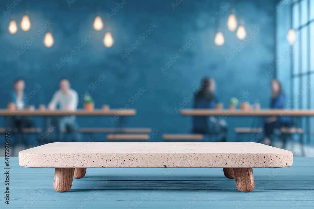 Poster a cozy table surrounded by a bench in a bright and vibrant setting with beautiful colors and invitin