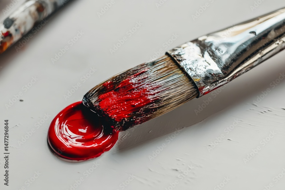 Poster close up view of paintbrush dipped in vibrant red paint on a clean surface with colors nearby