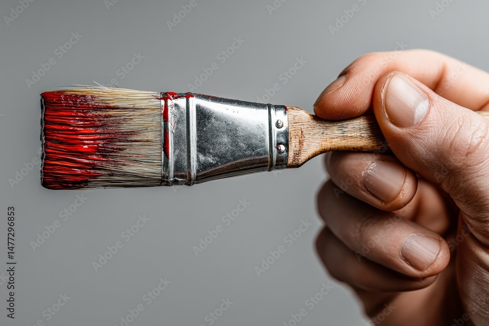 Aufkleber hand holding a paintbrush with red paint ready for artistic creation in a studio setting
