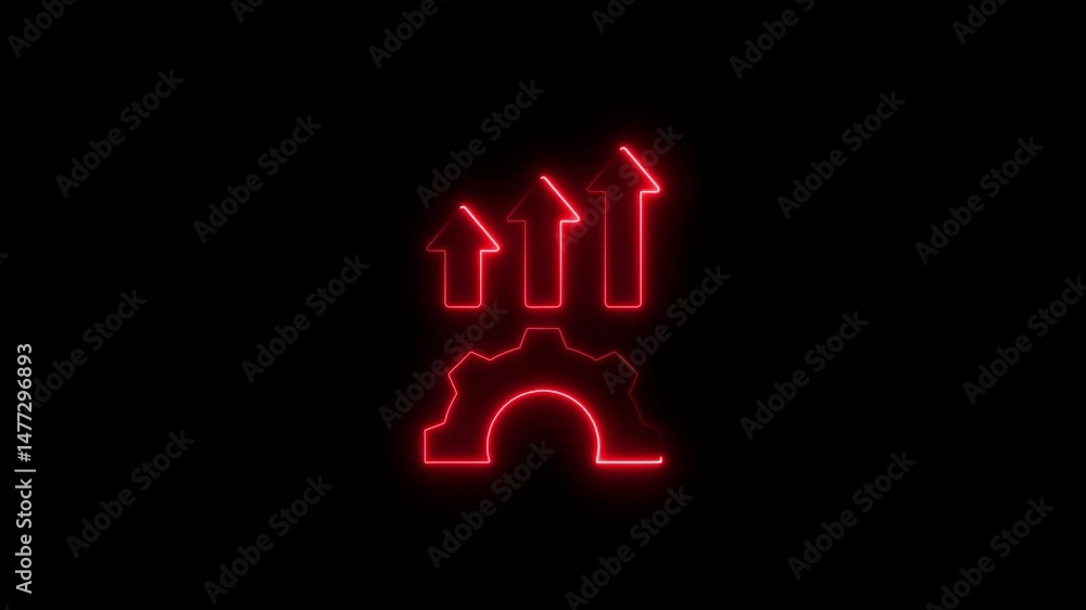 Poster red neon animation of gears and upward arrows representing growth and development