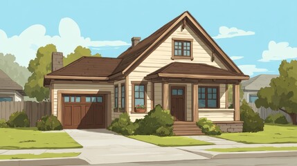 A charming, single-story house with a brown roof, beige siding, and a porch sits on a green lawn.  Attached garage, landscaping, and a sunny day complete the scene