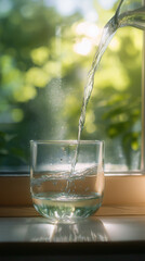 Water being poured into a glass on a window sill, close-up of water and a green-colored liquid in the transparent cup