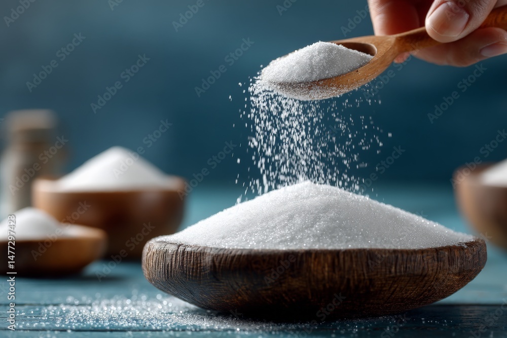 Aufkleber Exploring the art of baking with precise measurement of sugar in rustic kitchen setting