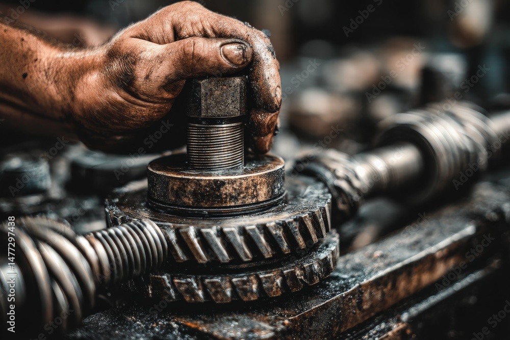 Aufkleber expert mechanic repairing machinery with hands covered in grease in a well-used workshop