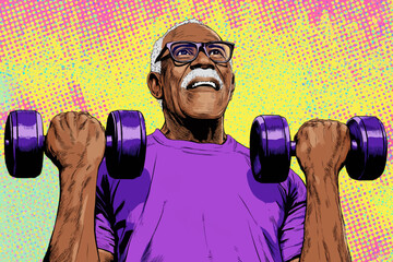 An elderly man wearing glasses joyfully lifts purple dumbbells while dressed in a bright purple shirt. The background features a colorful pop art design, emphasizing energy and strength.