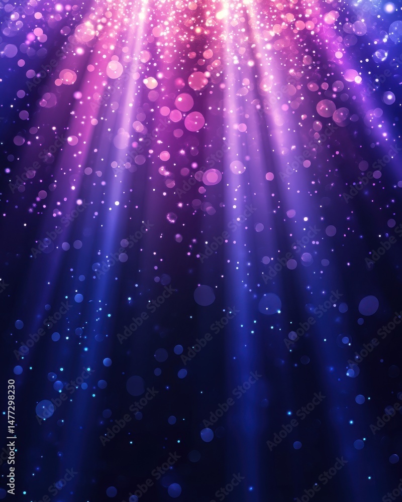 Poster abstract background of sparkling light beams and bokeh circles in pink and blue tones shining down f