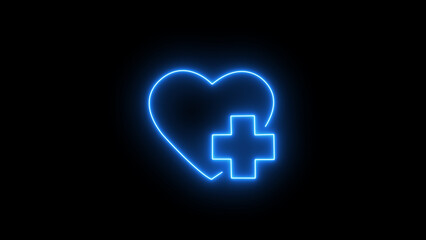 Glowing neon line Heart with a cross icon isolated on black background. First aid Pulse, heart rhythm, heartbeat cardiogram, line icon.