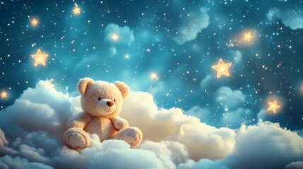 Cute Teddy Bear Sitting on Clouds Under Shining Stars in Night Sky