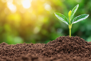 A young plant sprouting from rich soil demonstrating biodiversity benefits in an outdoor natural setting