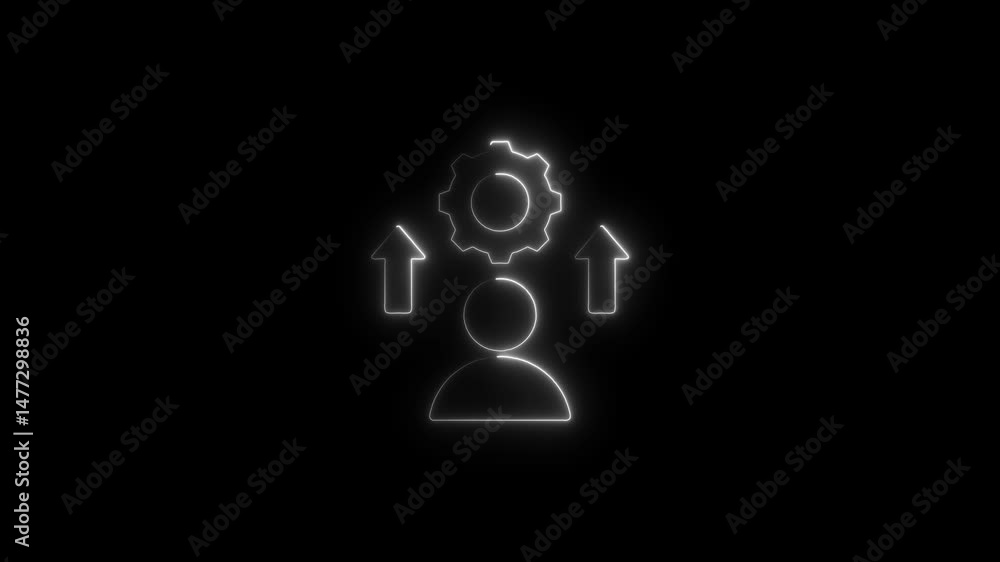 Poster animated neon icon representing teamwork process with gear and arrows on black background