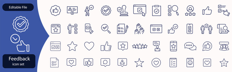 Feedback set of web icons in line style. Feedback and Review icons for web and mobile app. Customer relationship management. Star rating, satisfaction, emotion, testimonials, quick response, chat
