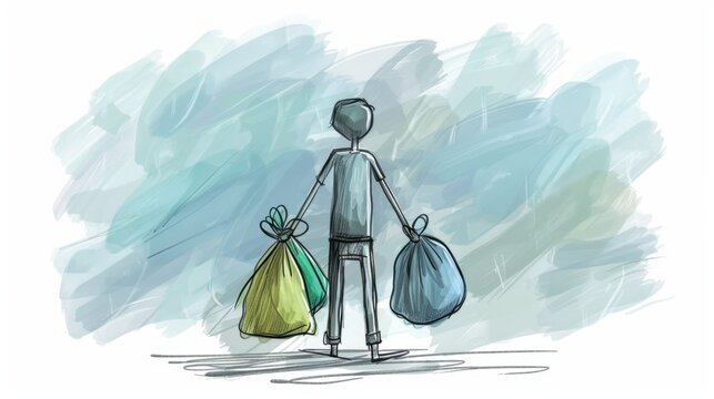Stick Figure Using Reusable Bags: A stick figure carrying a reusable cloth bag, eliminating single-use plastics and reducing waste to help protect the environment.