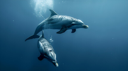 Fototapeta premium Two dolphins swimming gracefully underwater in a clear blue ocean environment peacefully together