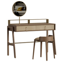 A wooden desk with a mirror and a chair