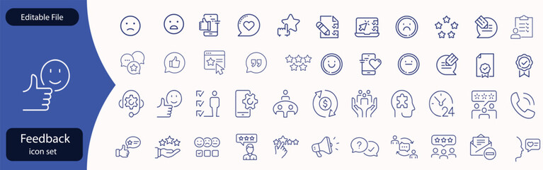 Feedback set of web icons in line style. Feedback and Review icons for web and mobile app. Customer relationship management. Star rating, satisfaction, emotion, testimonials, quick response, chat