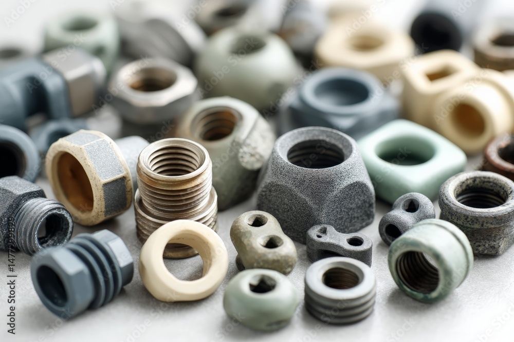 Poster variety of metal fasteners and fittings arranged on a work surface in a workshop setting