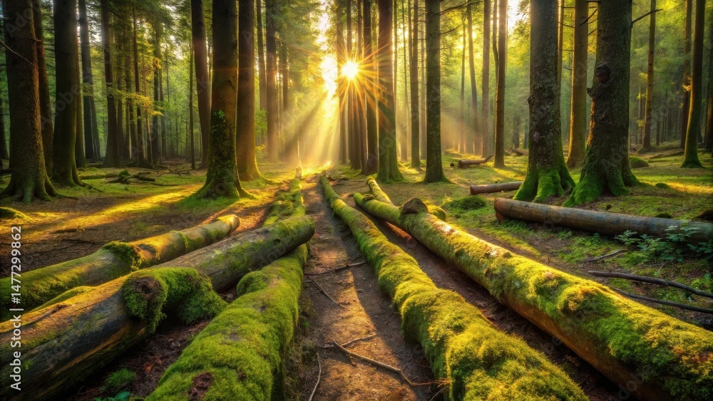 Poster Sunlit Path Through a Mossy Forest with Fallen Logs
