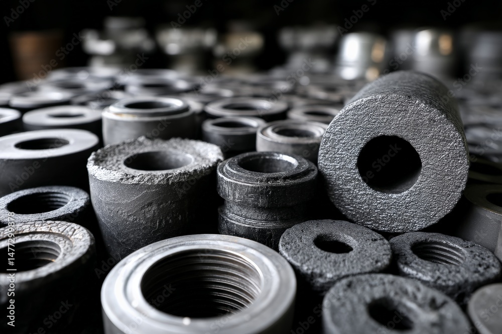 Poster explore the variety of industrial metal components arranged on a workbench in a factory setting duri