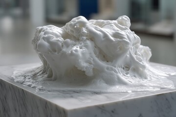 Foam sculpture displayed on a marble pedestal in an art gallery with soft lighting and minimalistic design elements