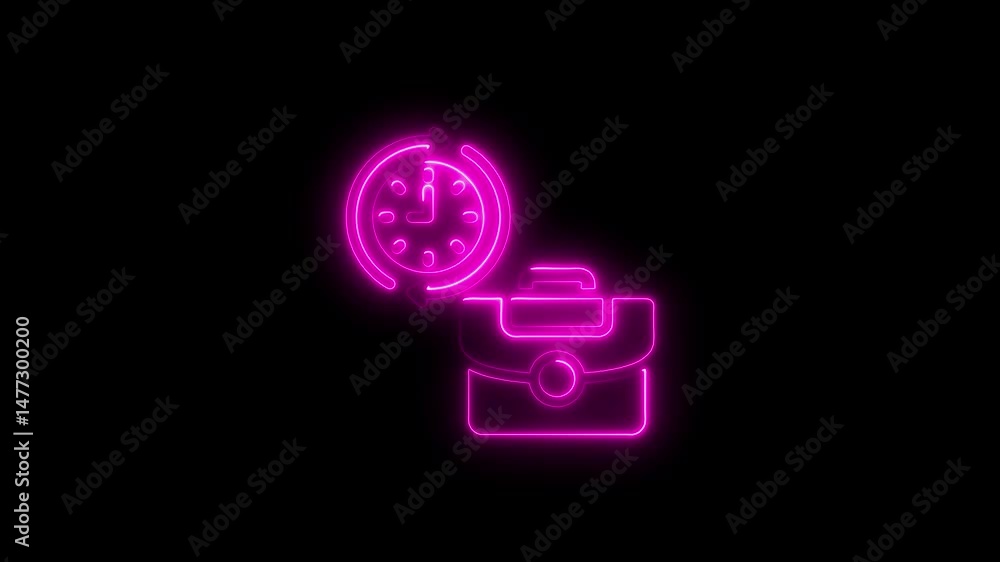 Poster animated neon time and briefcase represents time management and work efficiency