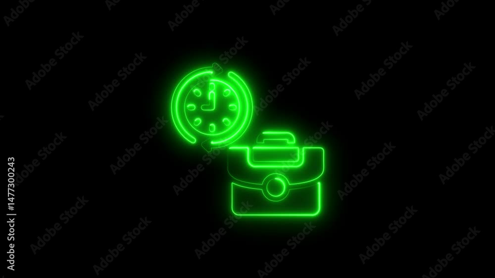 Poster green neon animated clock and briefcase representing time and business concepts