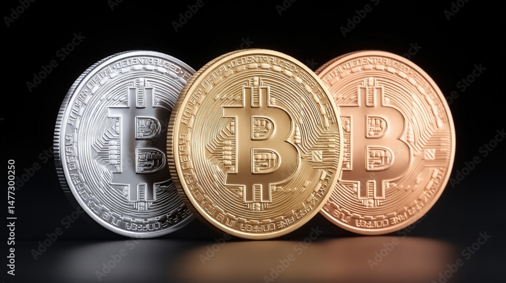 Poster three distinct bitcoin coins showcasing cryptocurrency evolution with reflective surfaces creating a