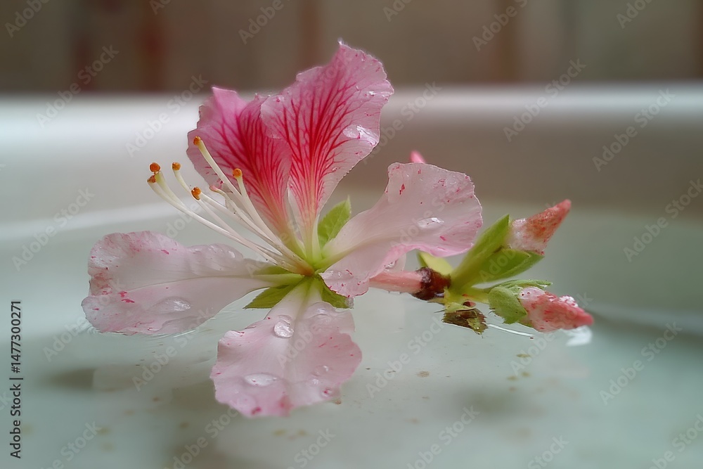 Poster delicate pink flower floating on tranquil water surface surrounded by droplets in serene setting