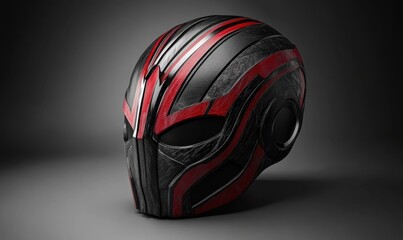 Fototapeta premium Futuristic helmet design, dark studio, red accents, sci-fi concept, gaming illustration