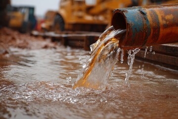 Water flowing from a rusty pipe at a construction site during overcast weather in a busy urban area