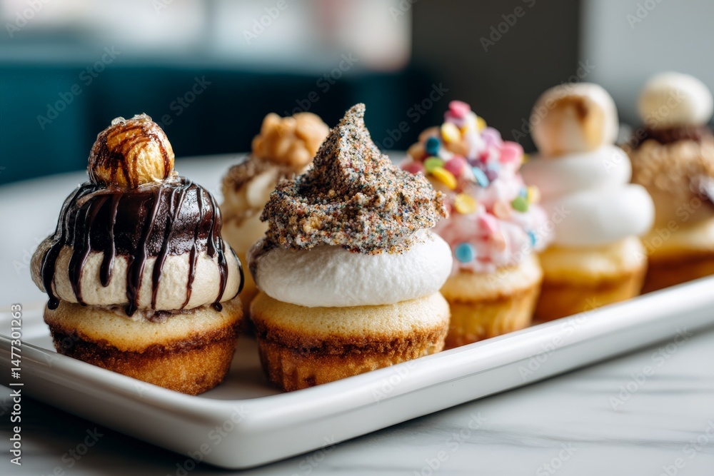 Poster beautiful assortment of decorated cupcakes displayed on a white platter in a cozy bakery setting