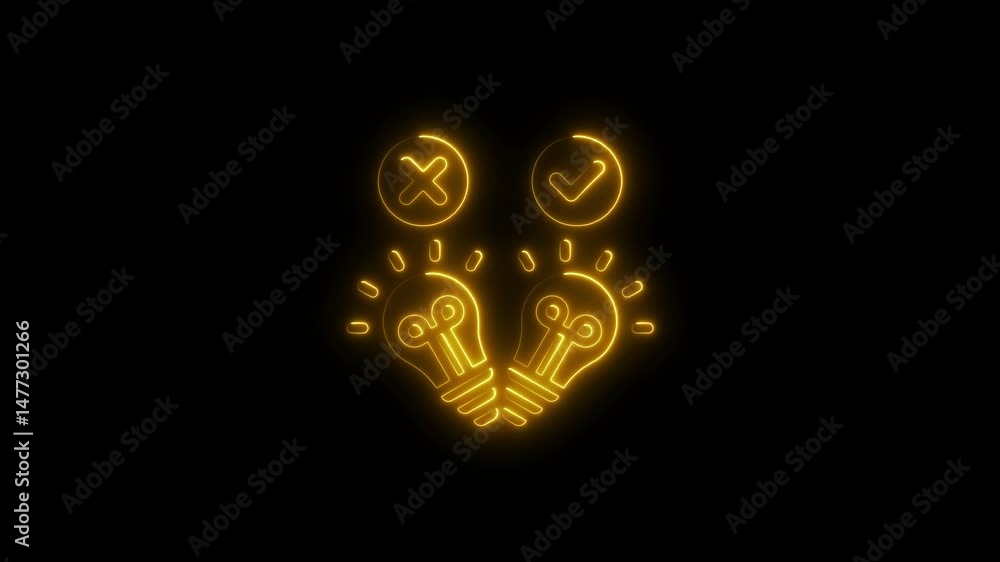 Poster glowing neon lightbulb concept with check and x symbols against dark background
