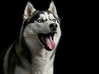 Obraz premium Siberian Husky Energetic dog with blue eyes with open mouth on black.