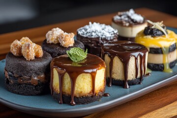 Delicious variety of gourmet cheesecakes displayed on a wooden table with elegant presentation