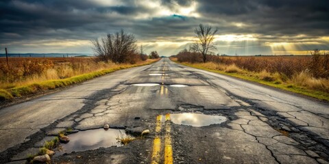A damaged rural asphalt road with potholes reflecting a dramatic sunset sky