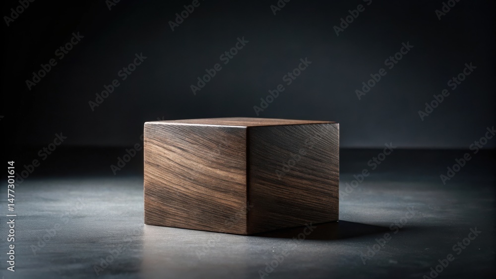 Leinwandbilder a solitary dark wood cube rests on a sleek, dark surface, subtly illuminated by a soft light source,