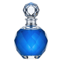 Blue faceted glass bottle with a clear crystal stopper on top, isolated on black background