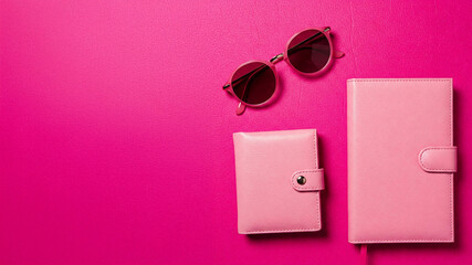 Flat lay of round pink sunglasses and pink leather notebooks on pink background. Stylish, feminine workspace concept, lifestyle, fashion, stationery creative journal themes.
