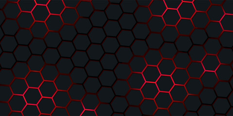 Abstract futuristic dark Metallic Hexagons with Glowing red light, 3D Rendering. vector illustration