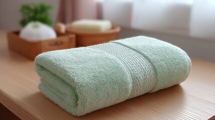A green towel is sitting on a wooden table