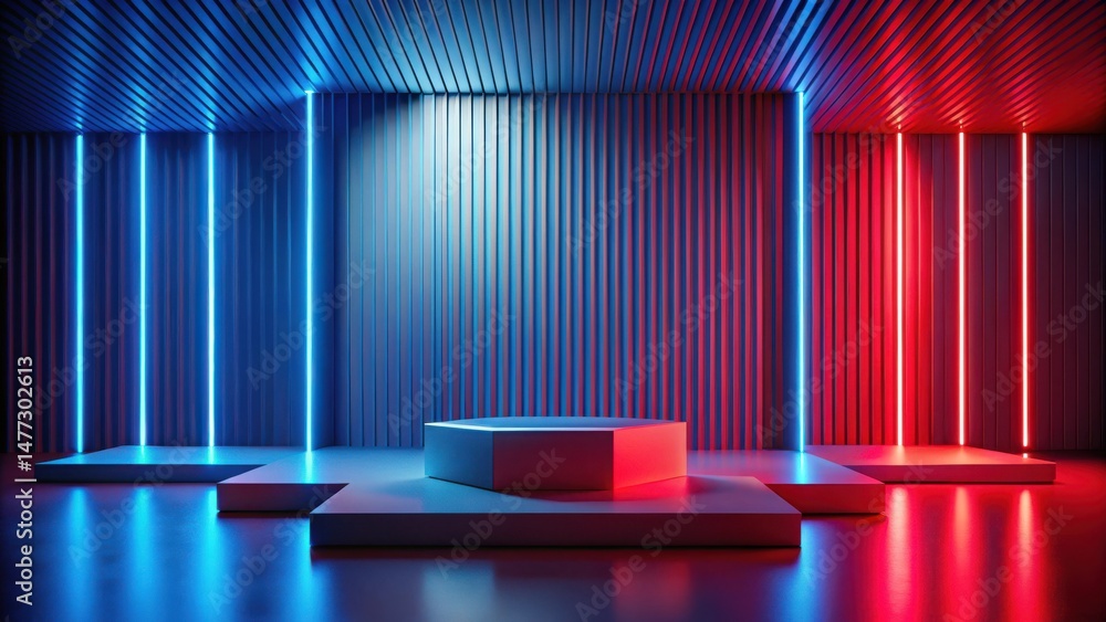 Poster abstract hexagon display platform with vivid neon lighting and geometric paneling