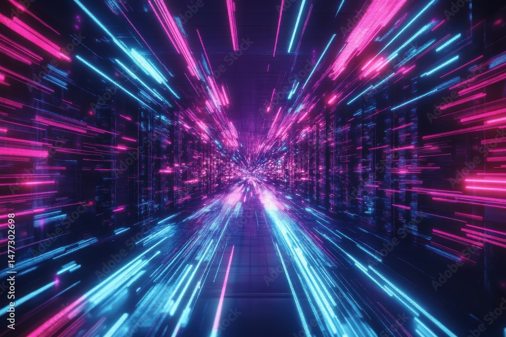 Poster abstract neon tunnel pink blue light rays digital art background data flow speed scifi lines space
